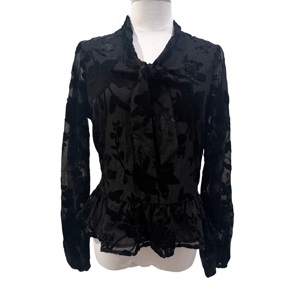 Express Black Sheer Velvet Burnout Blouse Shimmer XS Whimsigoth Peplum Office
